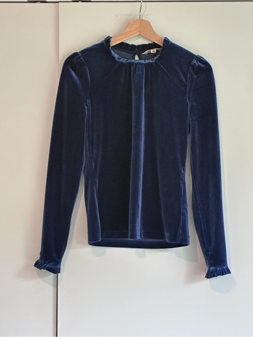 Boden Deep Blue Velvet Long-Sleeve Ruffle-Neck Top